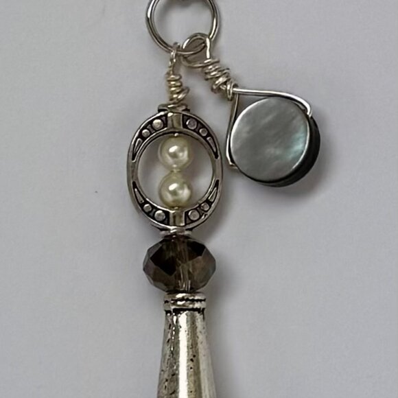 Necklace handmade silver carved cone clear gray crystal pearls OOAK - Picture 5 of 7